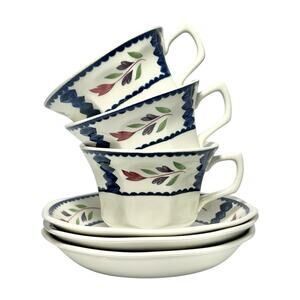 Adams “Lancaster” Set of 3 Ironstone Tea Cups 2 5/8” 6oz & Saucers 5 3/4”